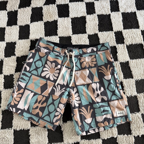 Rhythm. Men's Abstract Pattern Swim Shorts - Black, Teal, Tan - Picture 1 of 3